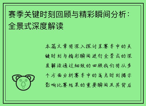 赛季关键时刻回顾与精彩瞬间分析：全景式深度解读